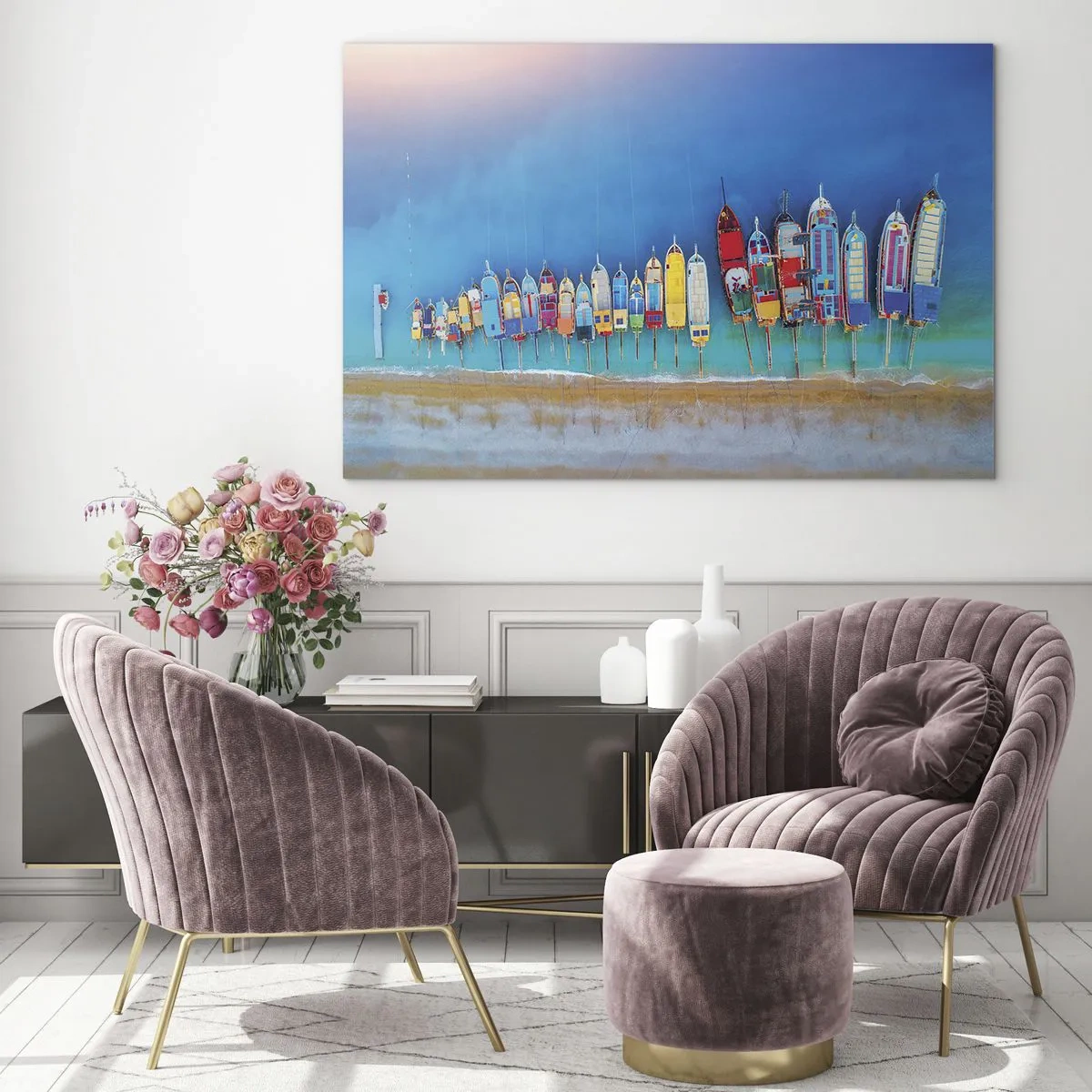 Obraz na skle - Farebné lode na brehu tyrkysového mora - 70x50cm - Z vtáčej perspektívy - Moderná nástenná dekorácia do obývacej izby a spálne ARTTOR