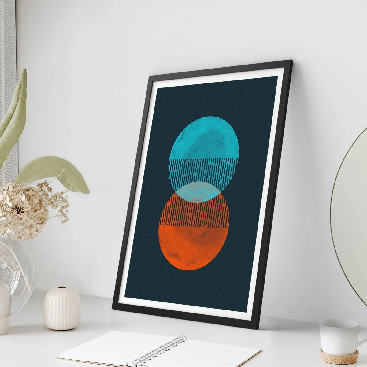 Plagát v čiernom ráme - Abstraktné kruhy v odtieňoch modrej a oranžovej - 50x70cm - Astronomická fantázia - Moderná nástenná dekorácia do obývacej izby a spálne ARTTOR