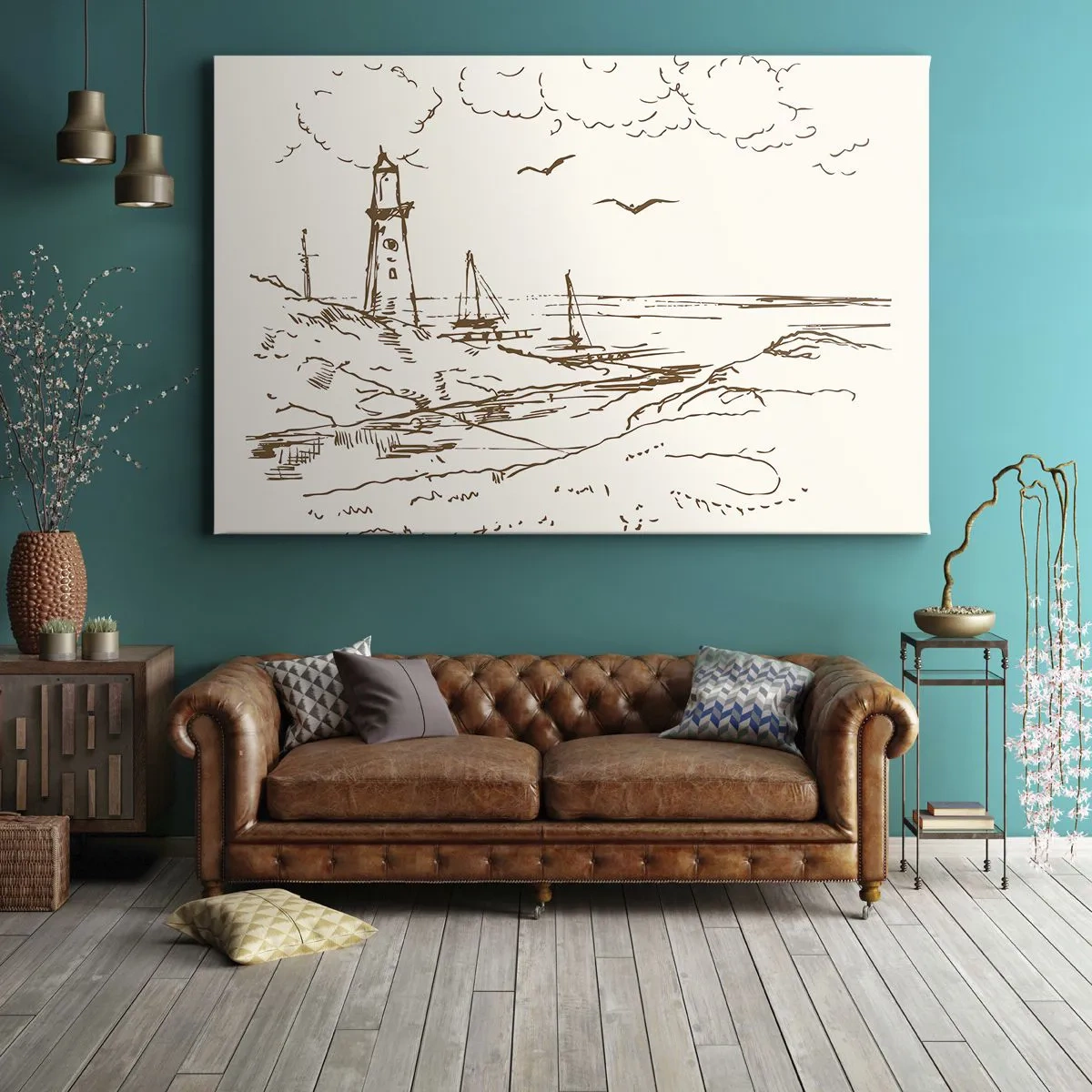 Obraz na plátne - Náčrt majáka s výhľadom na more - 70x50cm - Náčrt letných spomienok - Moderná nástenná dekorácia do obývacej izby a spálne ARTTOR