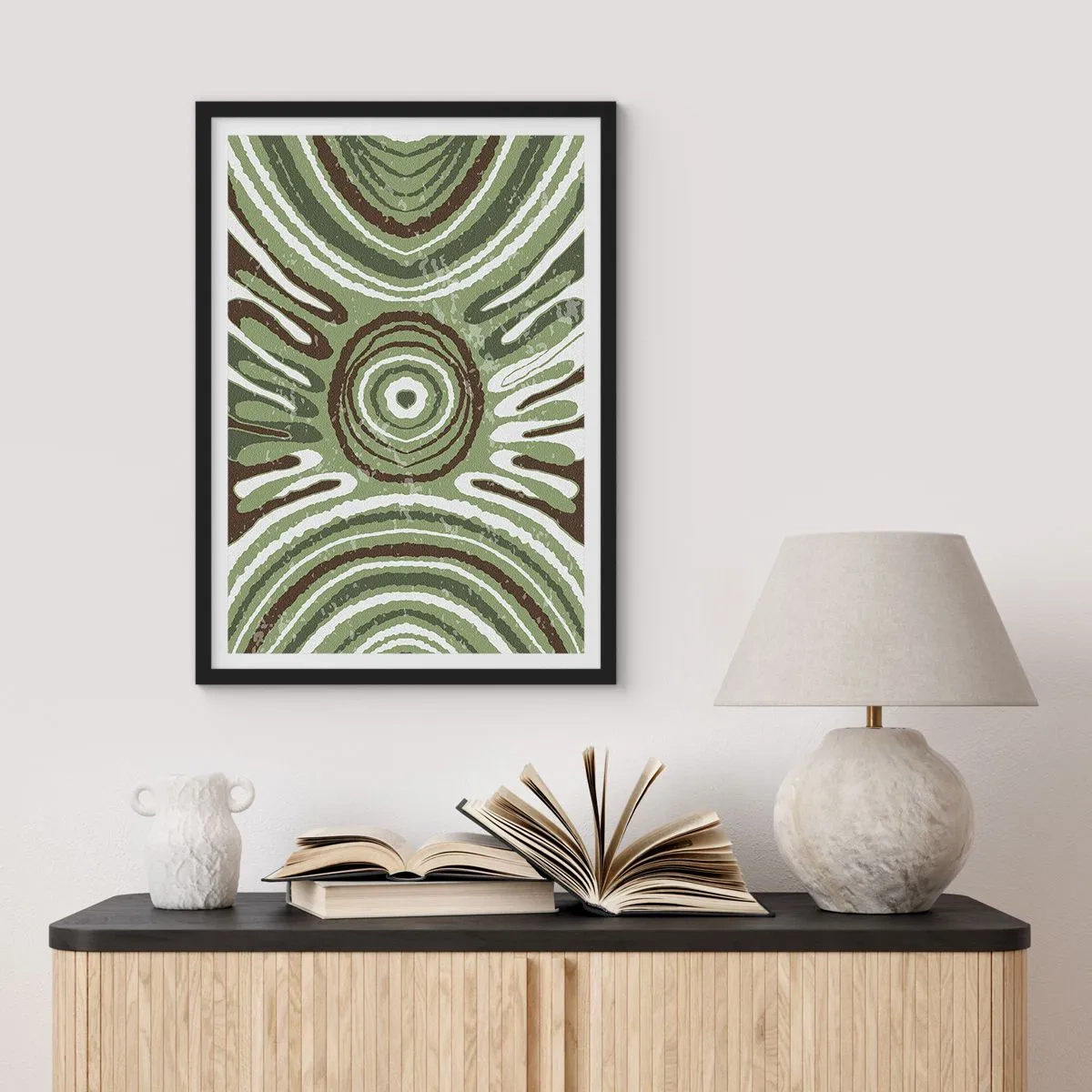 Plagát v čiernom ráme - Symetrický abstraktný vzor v odtieňoch zelenej - 50x70cm - Explózia emócií - Moderná nástenná dekorácia do obývacej izby a spálne ARTTOR