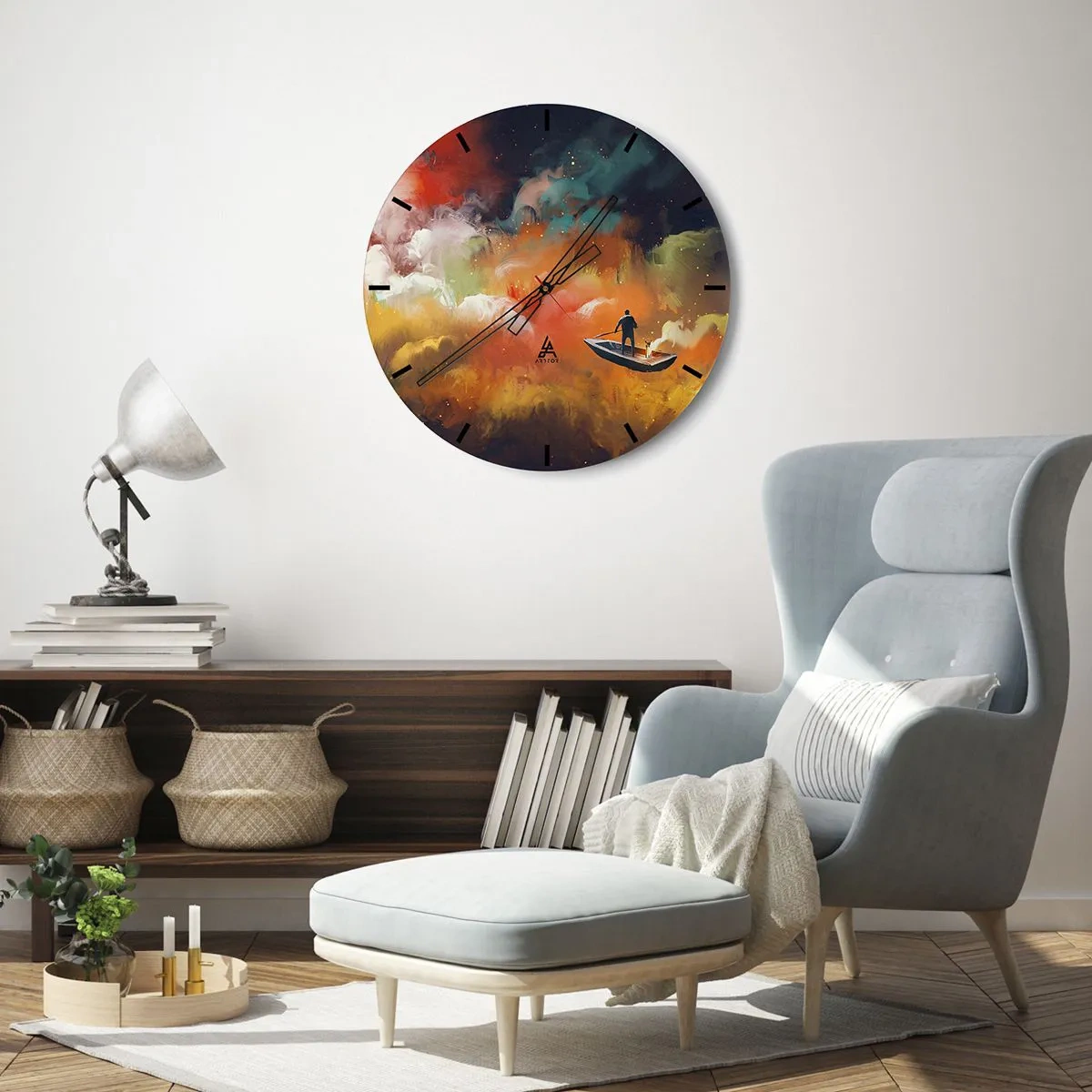 Nástenné hodiny - Postava na lodi v surrealistickej, farebnej krajine - 30x30cm - Loďou cez galaxiu - Moderná nástenná dekorácia do obývacej izby, kuchyne a spálne ARTTOR