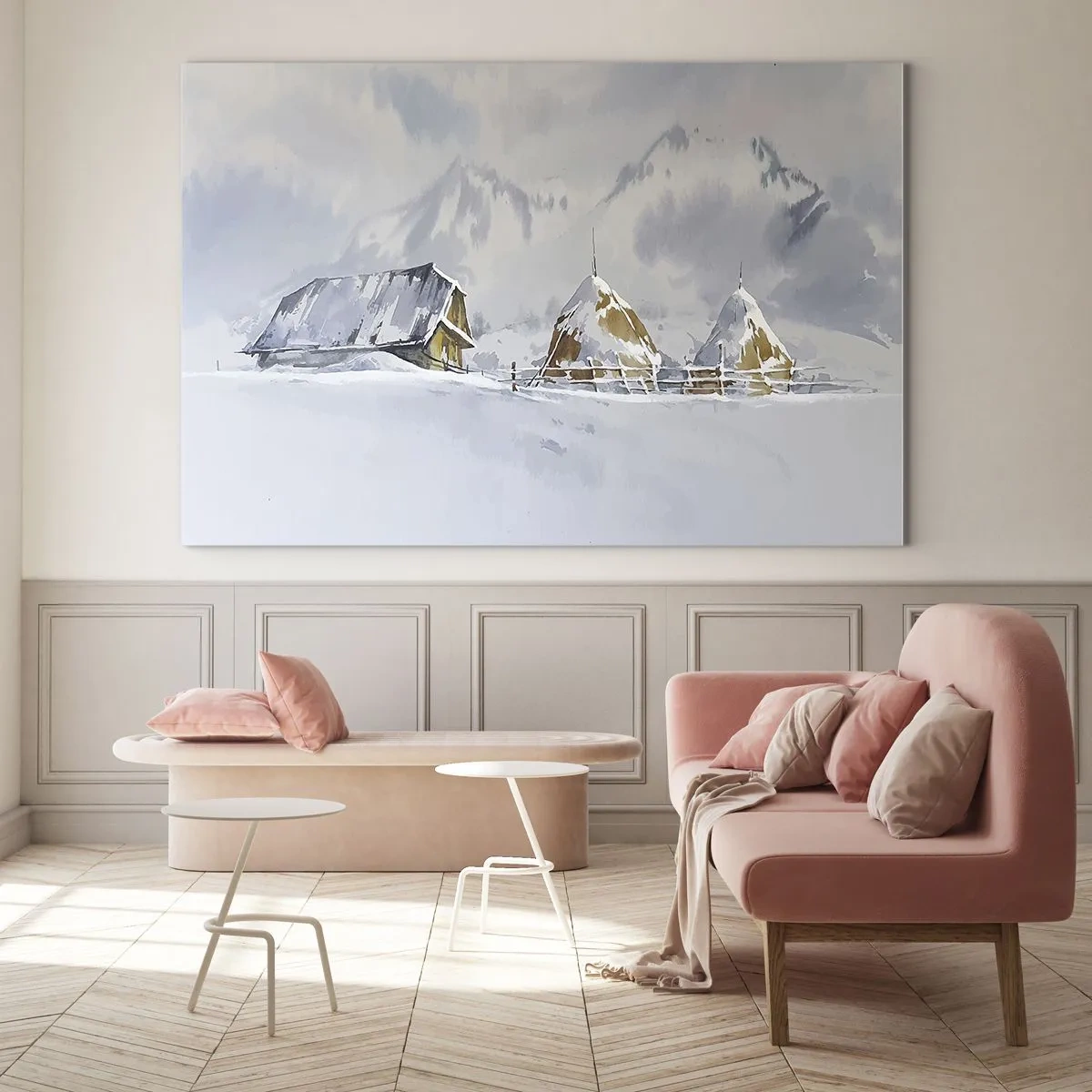 Obraz na skle - Zimná krajina s chatou a kopami sena v horách - 70x50cm - V zasneženom údolí - Moderná nástenná dekorácia do obývacej izby a spálne ARTTOR