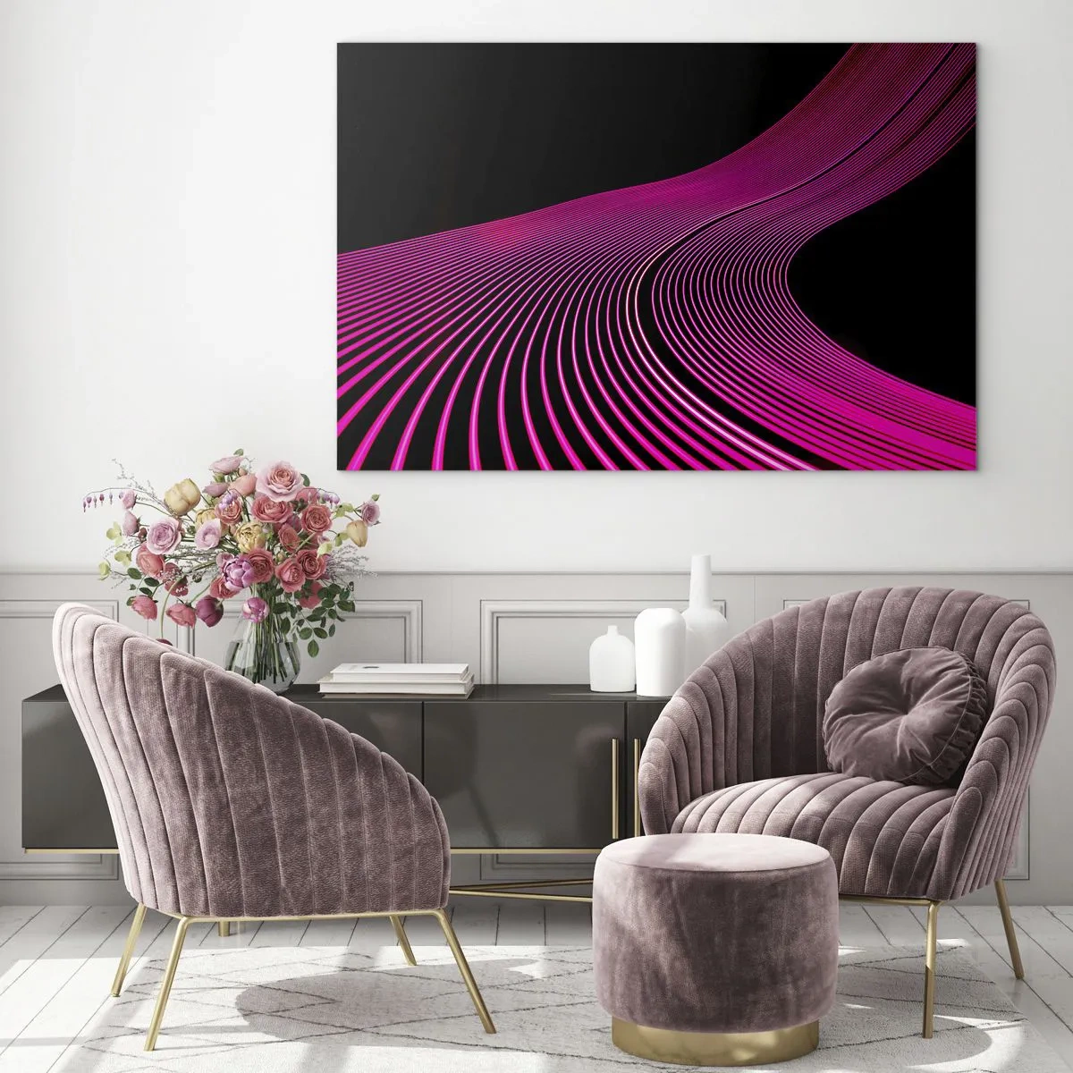 Obraz na skle - Ružové svetelné čiary na čiernom pozadí - 70x50cm - Bulvár svetla - Moderná nástenná dekorácia do obývacej izby a spálne ARTTOR