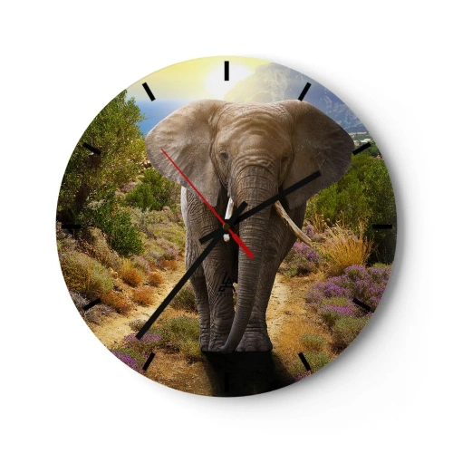 Nástenné hodiny - Slon na pozadí prírody za slnečného dňa - 30x30cm - Tak vyzeral Raj - Moderná nástenná dekorácia do obývacej izby, kuchyne a spálne ARTTOR