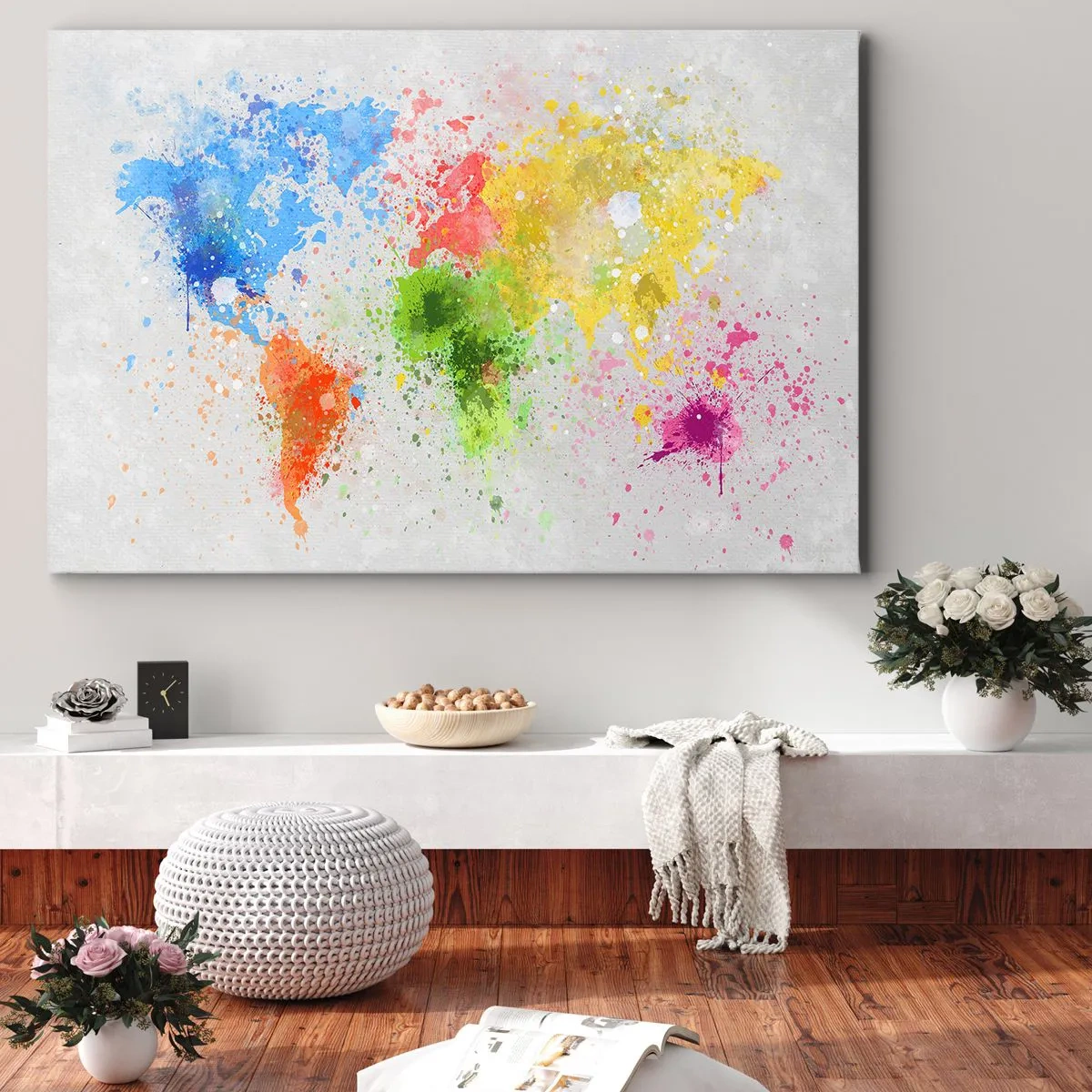 Obraz na plátne - Mapa sveta v farebnej akvarelovej interpretácii - 70x50cm - Všetky farby sveta - Moderná nástenná dekorácia do obývacej izby a spálne ARTTOR