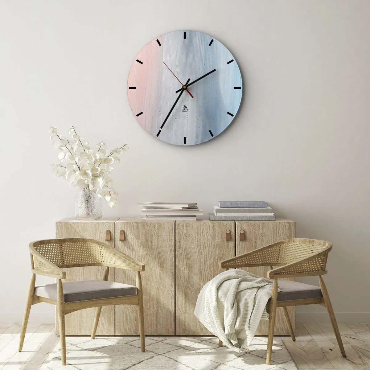 Nástenné hodiny - Pastelové farby prechádzajú z ružovej cez sivú do intenzívnej modrej - 30x30cm - Živly: vzduch - Moderná nástenná dekorácia do obývacej izby, kuchyne a spálne ARTTOR