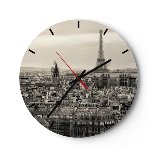 Nástenné hodiny - Panoramatický pohľad na Paríž s Eiffelovou vežou - 30x30cm - Nad strechami Paríža - Moderná nástenná dekorácia do obývacej izby, kuchyne a spálne ARTTOR