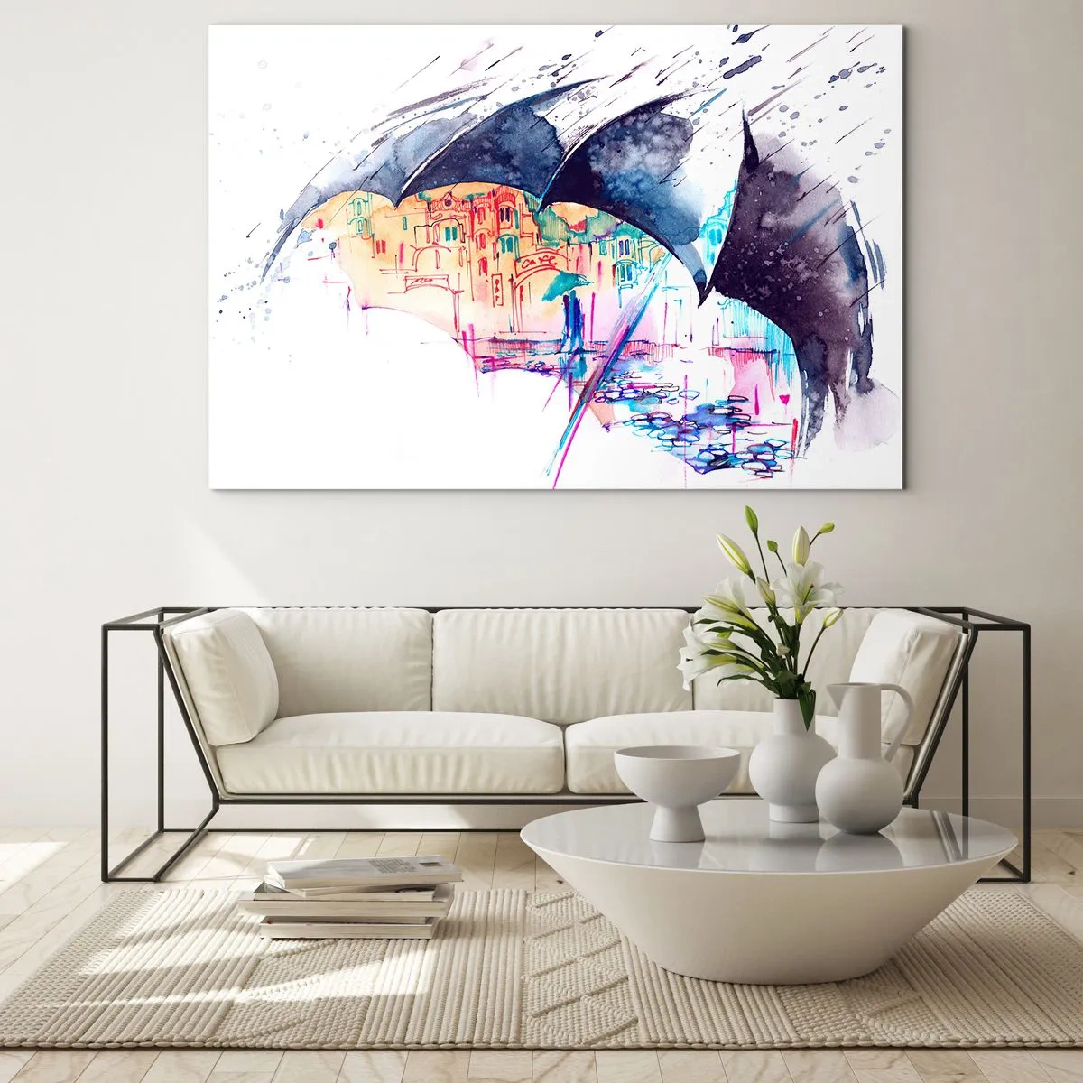 Obraz na skle - Farebné mesto v pozadí pod čiernym dáždnikom - 70x50cm - Prechádzka v daždi - Moderná nástenná dekorácia do obývacej izby a spálne ARTTOR