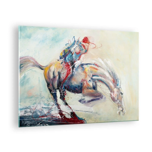 Obraz na skle - Abstraktný obraz koňa v dynamickom pohybe. - 70x50cm - Drž sa, letíme - Moderná nástenná dekorácia do obývacej izby a spálne ARTTOR