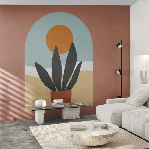 Fototapeta Standard Eco - Minimalistická grafika črepníkových rastlín so západom slnka - 100x70cm - Malé radosti - Moderná nástenná dekorácia do obývacej izby a spálne ARTTOR