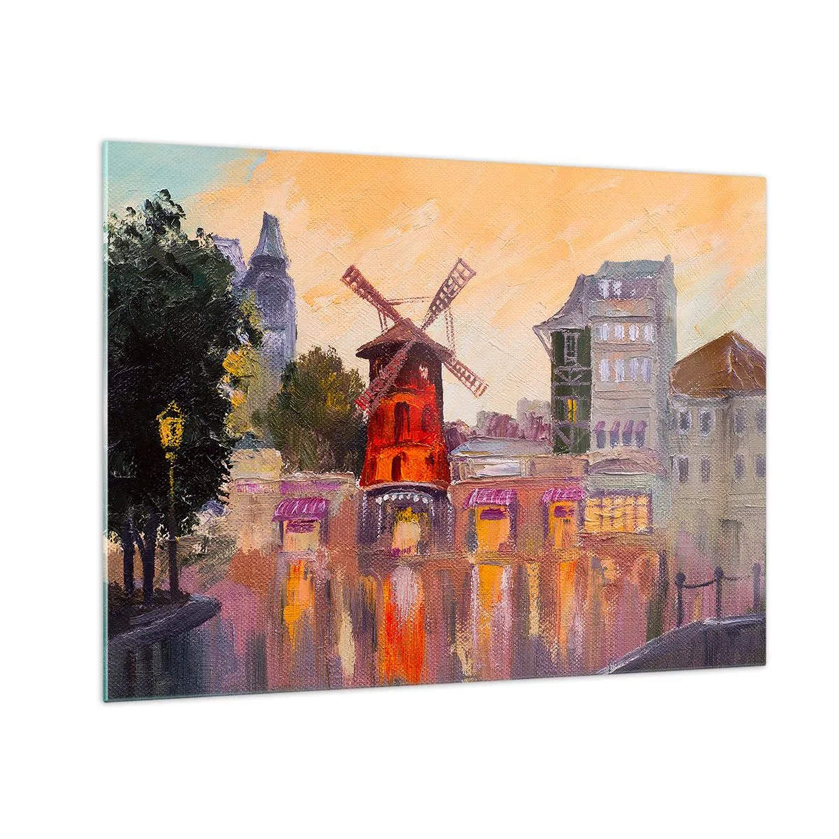 Obraz na skle - Červený veterný mlyn Moulin Rouge medzi parížskymi činžovnými domami - 70x50cm - Parížske ikony – Moulin Rouge - Moderná nástenná dekorácia do obývacej izby a spálne ARTTOR