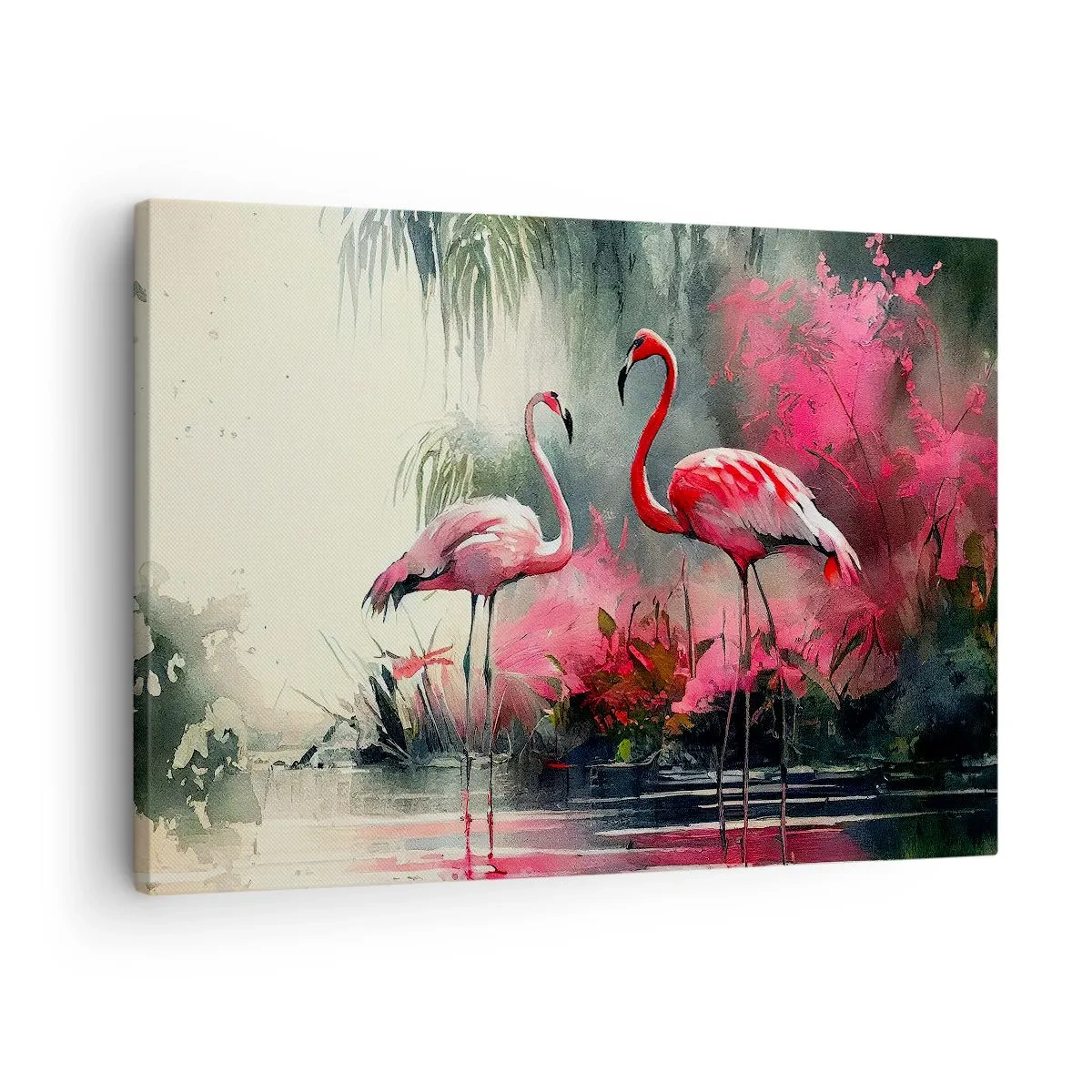 Obraz na plátne - Plameniaky pri vode obklopené vegetáciou - 70x50cm - Hodiny prírodného kúzla - Moderná nástenná dekorácia do obývacej izby a spálne ARTTOR