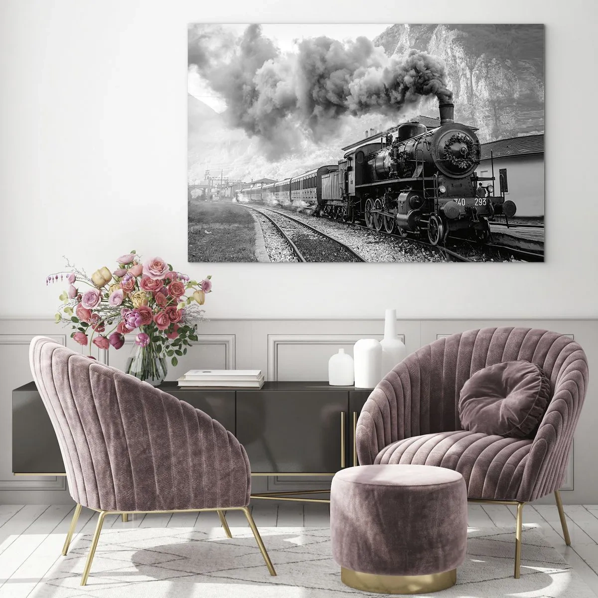 Obraz na skle - Starý parný vlak v horskej krajine - 70x50cm - Stojí na stanici… - Moderná nástenná dekorácia do obývacej izby a spálne ARTTOR