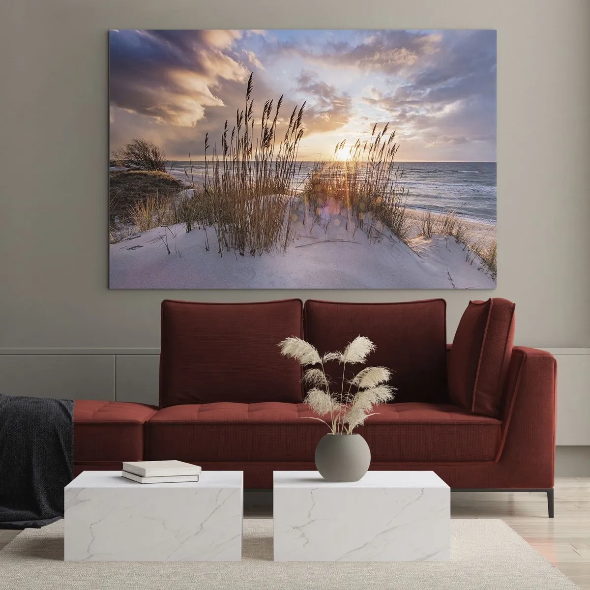 Obraz na skle - Západ slnka nad morom cez prímorské trávy - 70x50cm - Rozlúčka so slnkom a vetrom - Moderná nástenná dekorácia do obývacej izby a spálne ARTTOR