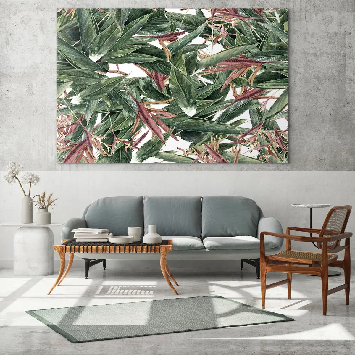 Obraz na skle - Listy v odtieňoch zelenej a bordovej na svetlom pozadí - 70x50cm - Smaragdovo-ľaliové húštie - Moderná nástenná dekorácia do obývacej izby a spálne ARTTOR