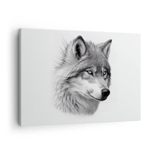 Obraz na plátne - Realistický portrét vlka v odtieňoch sivej. - 70x50cm - Alfa – bezpochyby - Moderná nástenná dekorácia do obývacej izby a spálne ARTTOR
