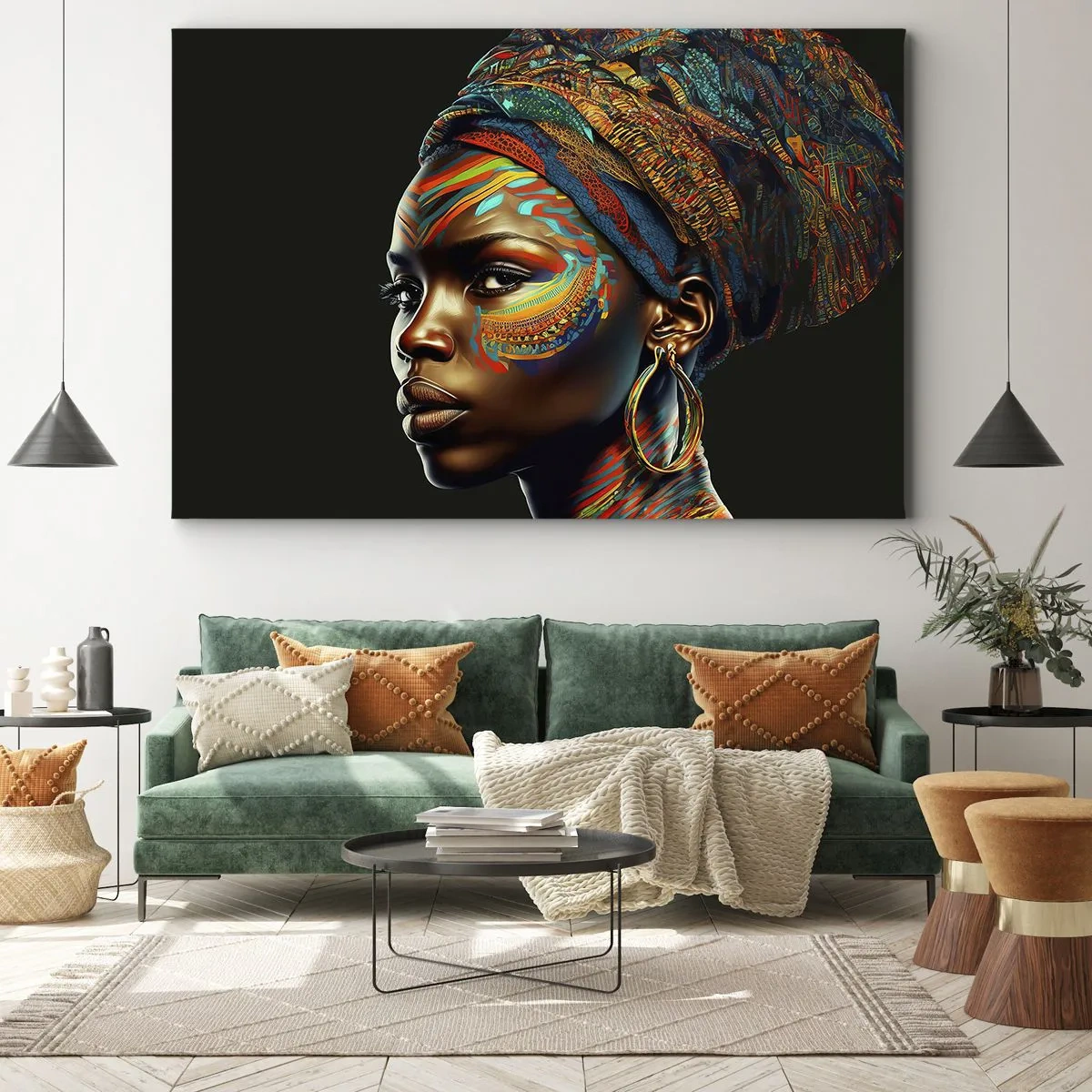 Obraz na plátne - Portrét ženy s farebným vzorom a turbanom - 70x50cm - Africká kráľovná - Moderná nástenná dekorácia do obývacej izby a spálne ARTTOR
