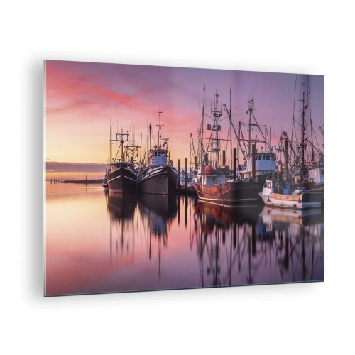Obraz na skle - Rybárske lode pri západe slnka v tichom prístave - 70x50cm - Pred ďalším dňom - Moderná nástenná dekorácia do obývacej izby a spálne ARTTOR