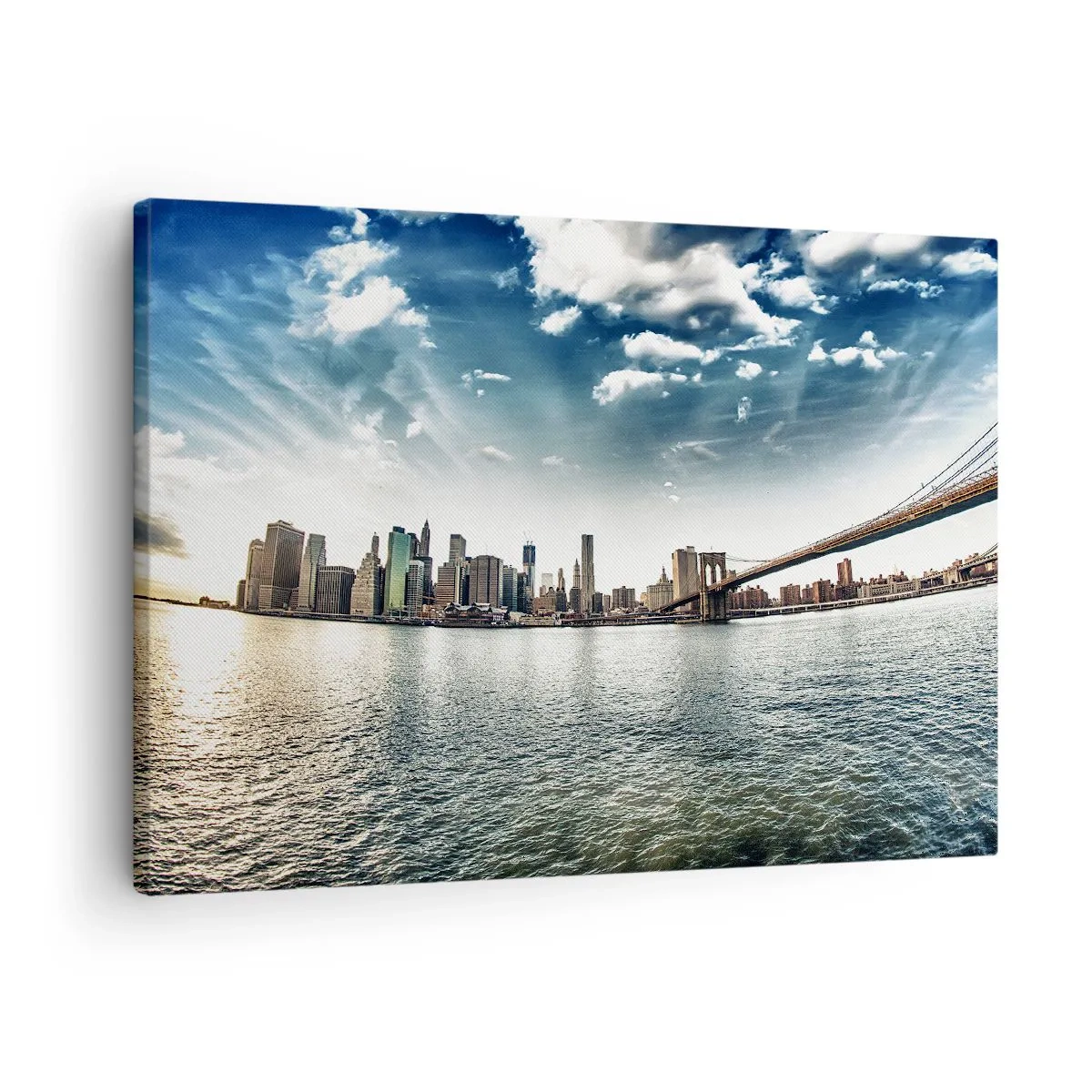 Obraz na plátne - Panoráma mesta s mostom proti modrej oblohe - 70x50cm - Sklenený ostrov - Moderná nástenná dekorácia do obývacej izby a spálne ARTTOR