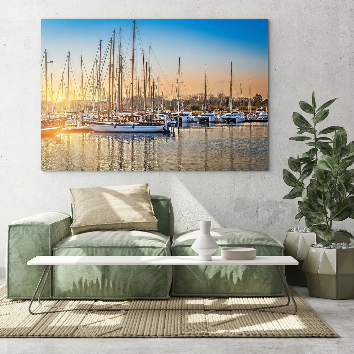 Obraz na skle - Prístav plný plachetníc vo svetle zapadajúceho slnka - 70x50cm - Vietor tiež musí spať - Moderná nástenná dekorácia do obývacej izby a spálne ARTTOR