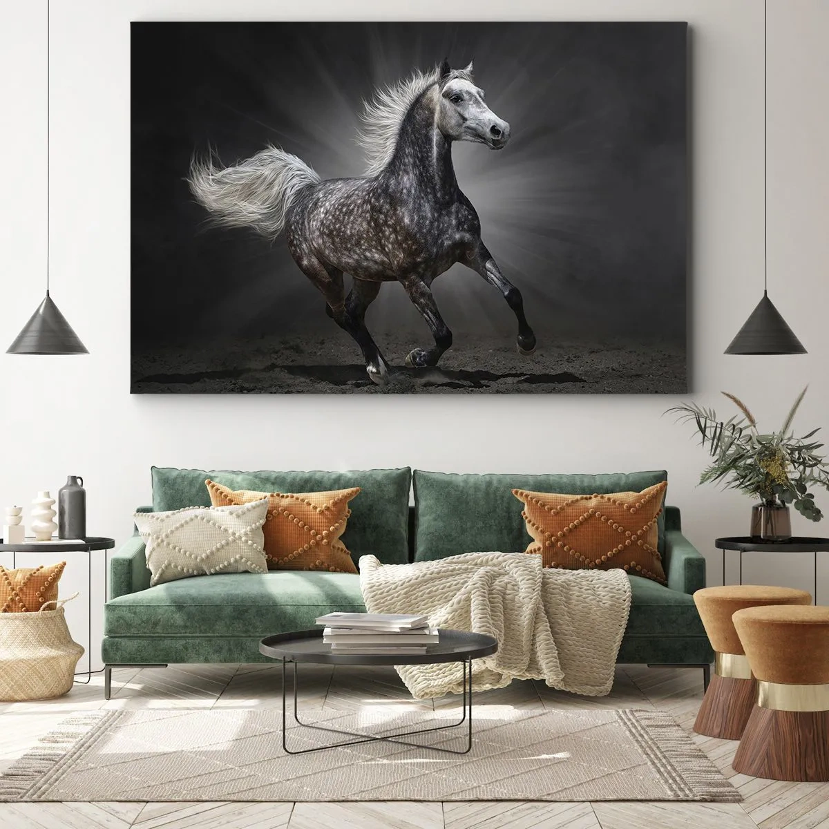 Obraz na plátne - Biely kôň cválajúci na tmavom pozadí - 70x50cm - Sivé je krásne - Moderná nástenná dekorácia do obývacej izby a spálne ARTTOR