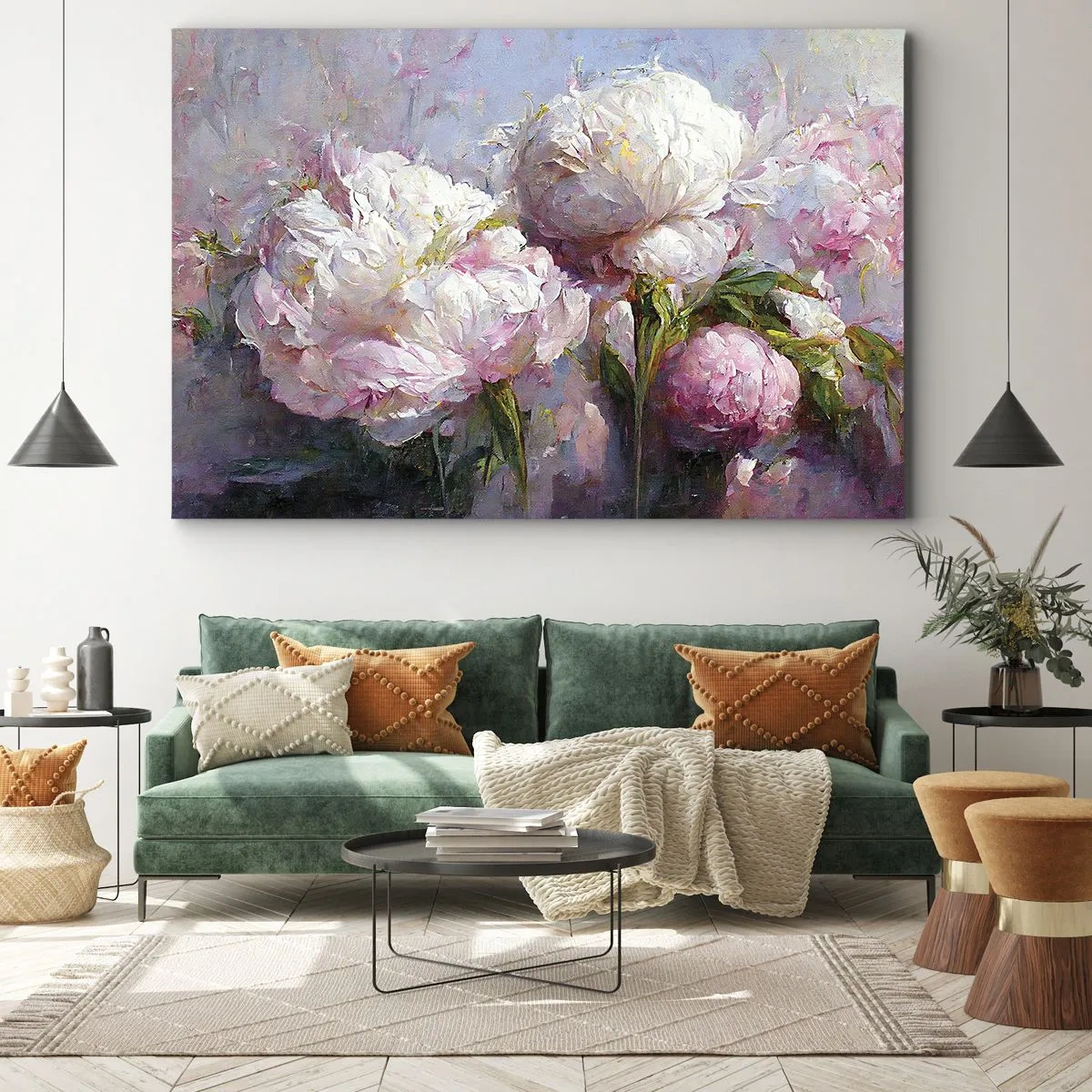 Obraz na plátne - Romantické kvety pivoniek v pastelových farbách - 70x50cm - Kytica prekypujúca životom - Moderná nástenná dekorácia do obývacej izby a spálne ARTTOR