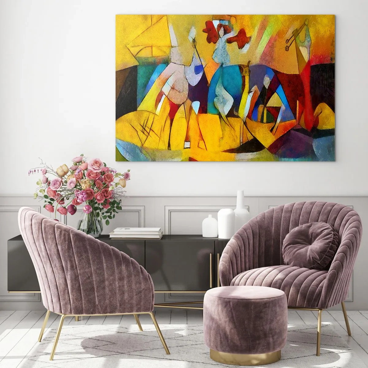 Obraz na skle - Farebná abstrakcia s figúrkami a geometrickými tvarmi - 70x50cm - Slnko - život - radosť - Moderná nástenná dekorácia do obývacej izby a spálne ARTTOR