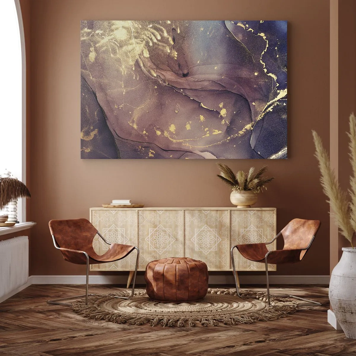 Obraz na plátne - Abstraktná kompozícia s odtieňmi zlatej a fialovej - 70x50cm - Hmota a duch - Moderná nástenná dekorácia do obývacej izby a spálne ARTTOR