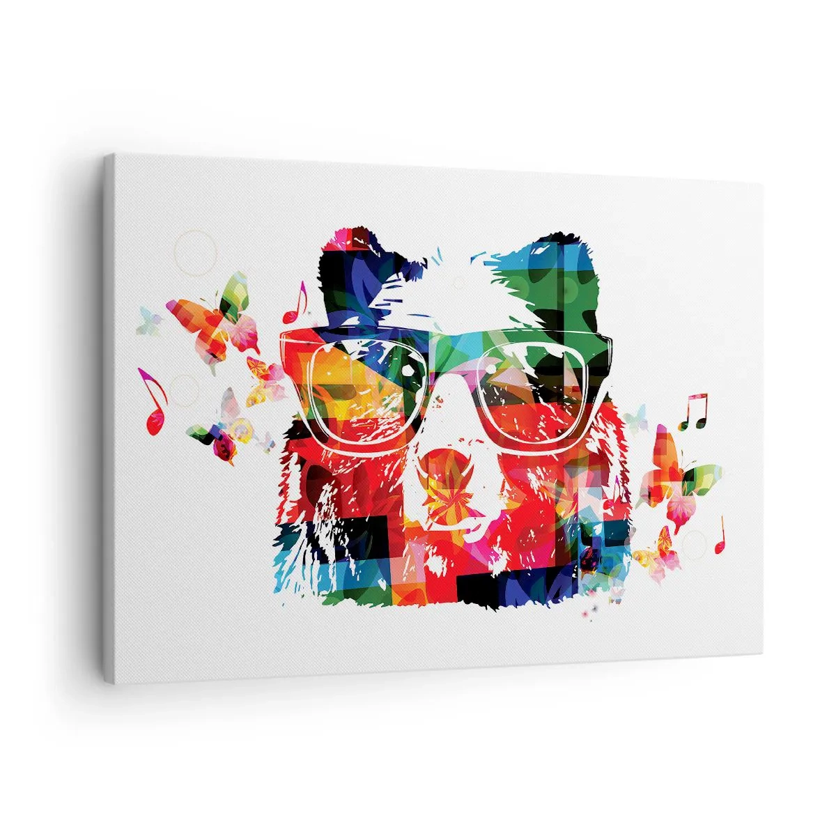 Obraz na plátne - Farebný medveď s okuliarmi, motýľmi a hudobnými notami - 70x50cm - Páči sa mi! - Moderná nástenná dekorácia do obývacej izby a spálne ARTTOR