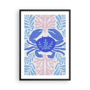 Plagát v čiernom ráme - Dekoratívny modrý krab obklopený morskými rastlinami. - 50x70cm - Ako morský kvet - Moderná nástenná dekorácia do obývacej izby a spálne ARTTOR