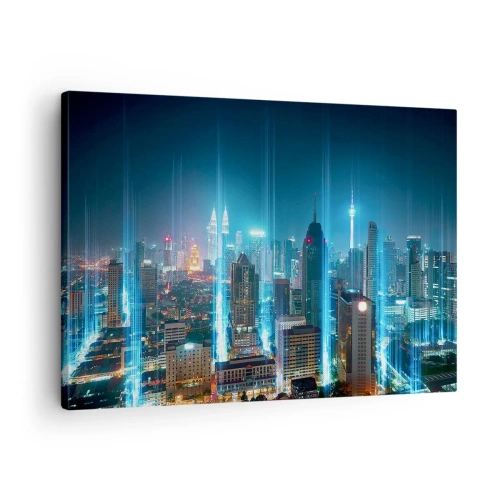 Obraz na plátne - Moderné mesto v noci s futuristickými svetelnými akcentmi. - 70x50cm - Berlínskym spôsobom do neba - Moderná nástenná dekorácia do obývacej izby a spálne ARTTOR