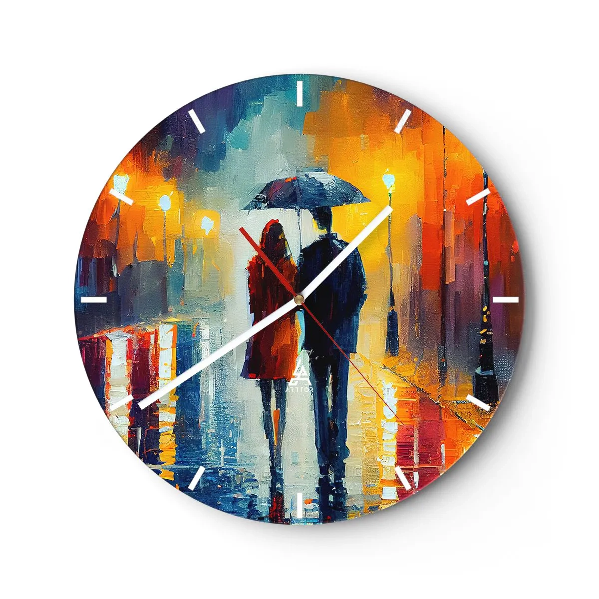 Nástenné hodiny - Pár s dáždnikom na farebnej, daždivej ulici v noci. - 30x30cm - Spolu – farebná noc - Moderná nástenná dekorácia do obývacej izby, kuchyne a spálne ARTTOR
