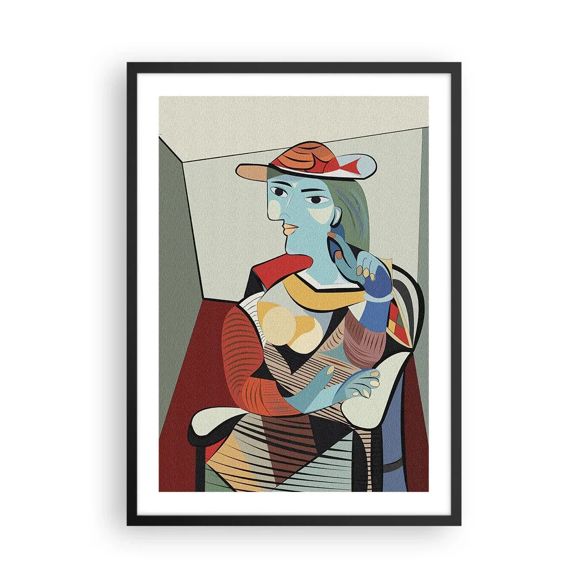 Plagát v čiernom ráme - Kubistický portrét ženy v klobúku - 50x70cm - Očami Picassa - Moderná nástenná dekorácia do obývacej izby a spálne ARTTOR