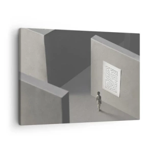 Obraz na plátne - Postava v bludisku pozerajúca sa na zavesenú mapu - 70x50cm - Kde to ale som? - Moderná nástenná dekorácia do obývacej izby a spálne ARTTOR