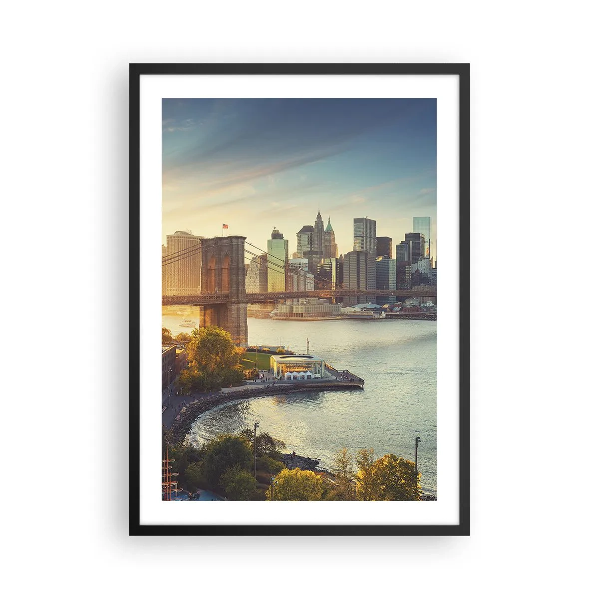 Plagát v čiernom ráme - Brooklynský most a panoráma Manhattanu za súmraku - 50x70cm - Svitanie veľkomesta - Moderná nástenná dekorácia do obývacej izby a spálne ARTTOR
