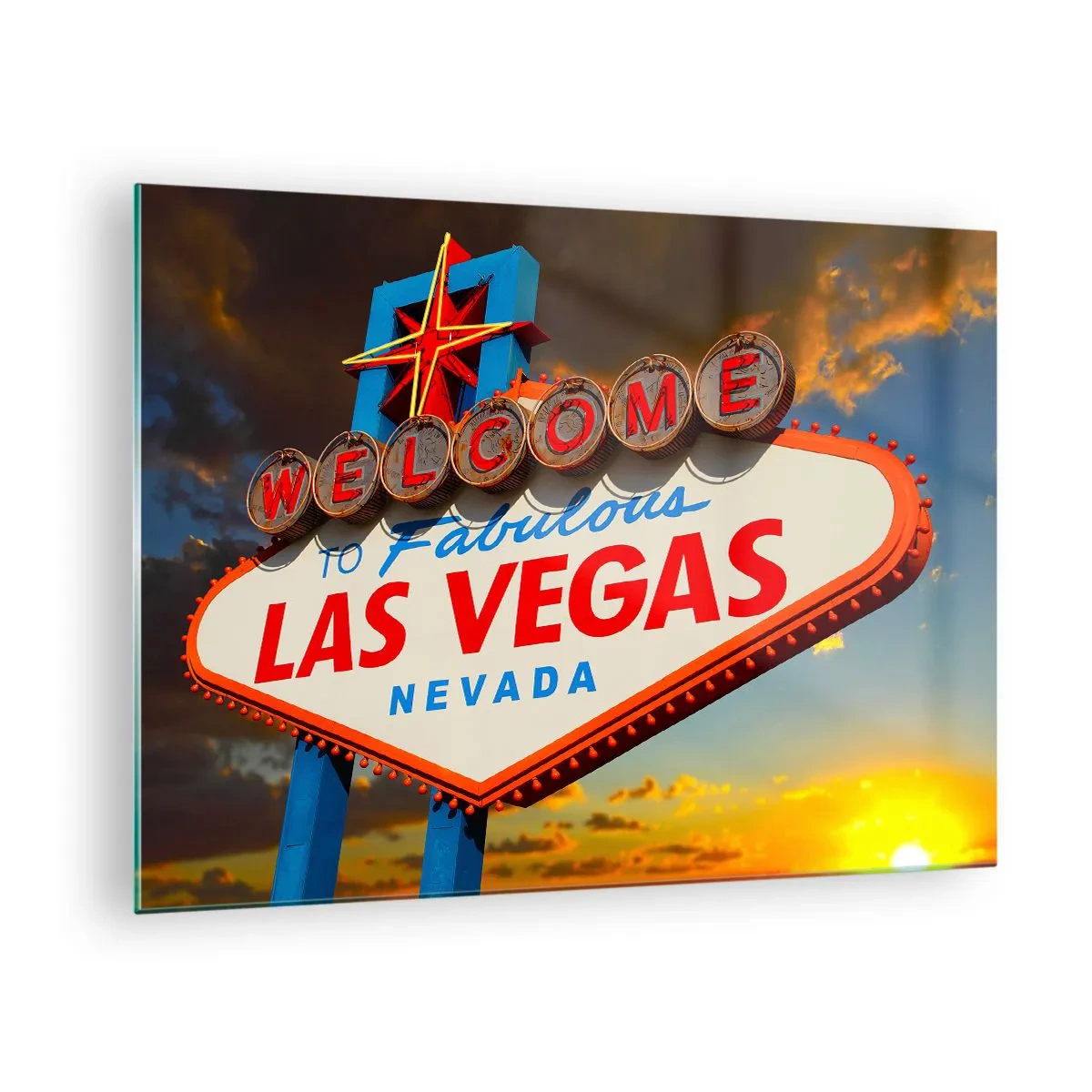 Obraz na skle - Uvítacia tabuľa Las Vegas proti zapadajúcemu slnku - 70x50cm - Po úsmev osudu - Moderná nástenná dekorácia do obývacej izby a spálne ARTTOR