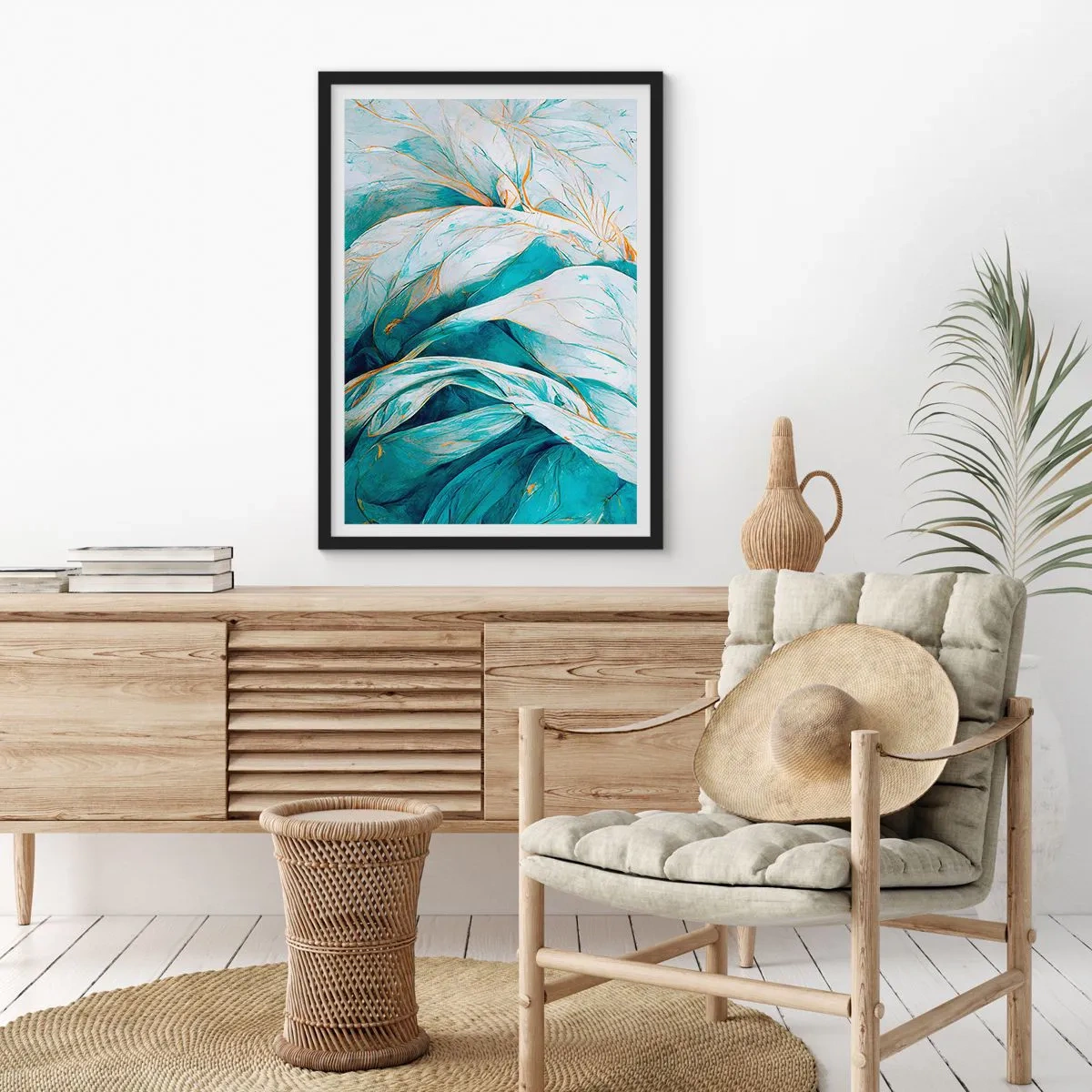 Plagát v čiernom ráme - Modrá abstrakcia so zlatým motívom - 61x91 cm