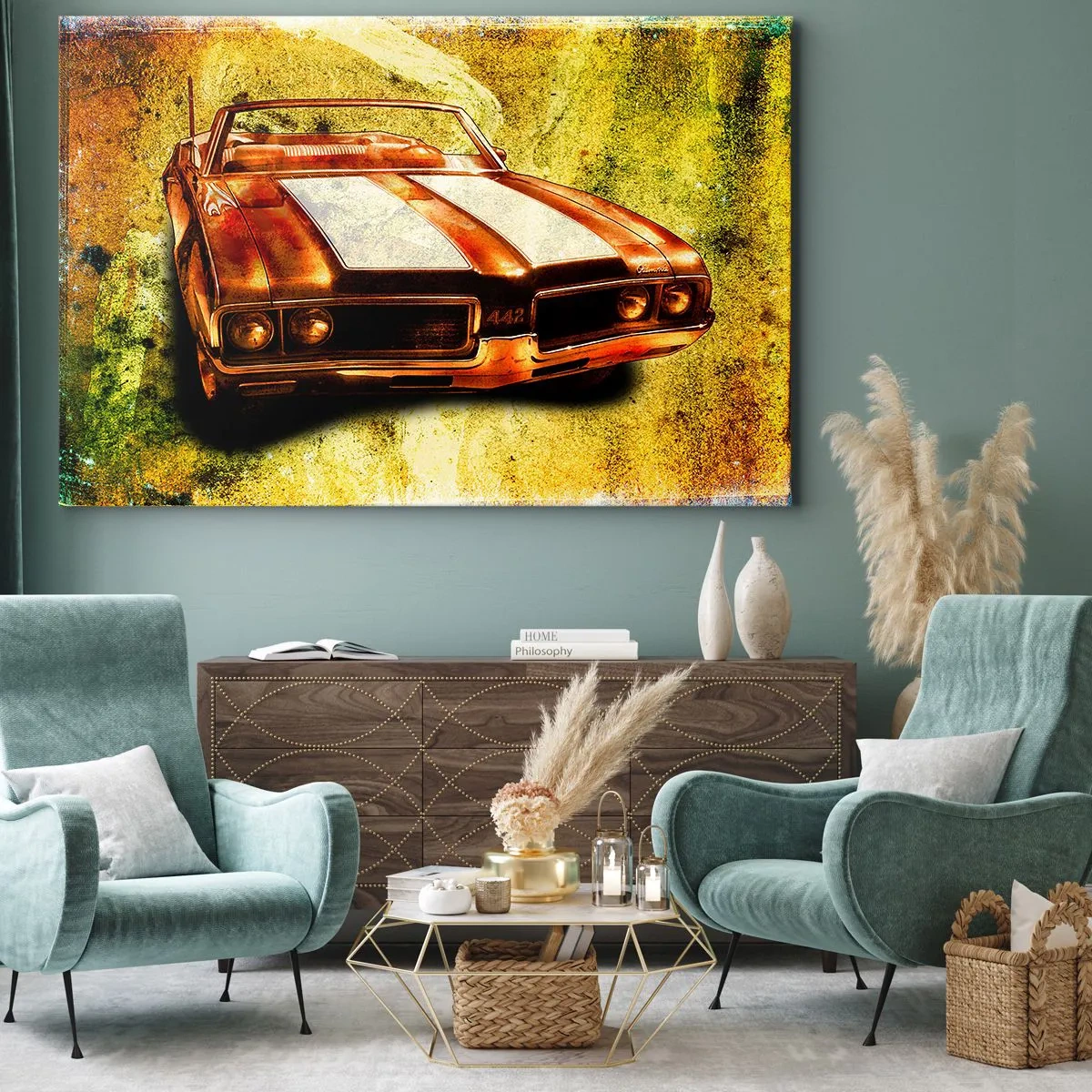 Obraz na plátne - Športový retro kabriolet v zlatých tónoch na vintage pozadí - 70x50cm - Sila začarovaná do tvarov - Moderná nástenná dekorácia do obývacej izby a spálne ARTTOR