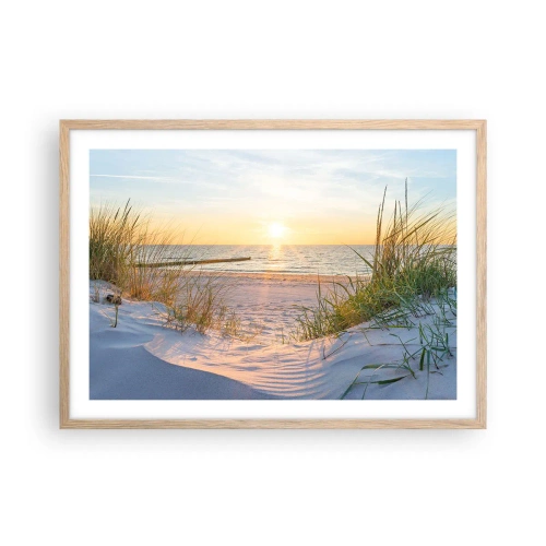 Plagát v ráme zo svetlého duba - Šumenie mora, spev vtákov, divoká pláž uprostred trávy… - 70x50 cm