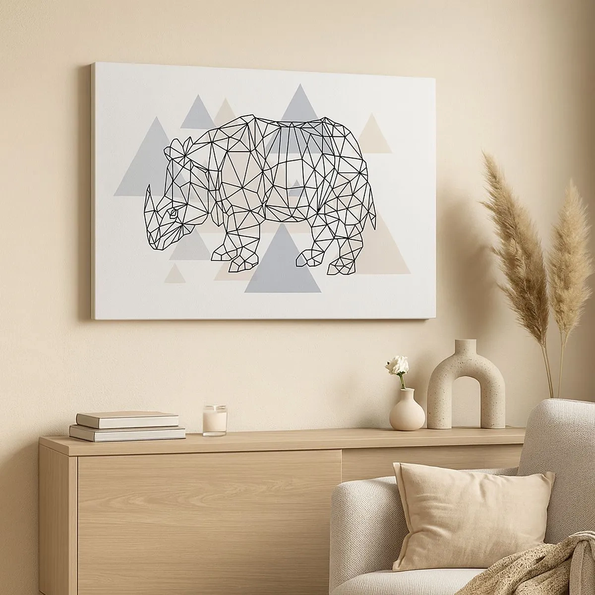 Obraz na plátne - Geometrický nosorožec na pozadí jemných trojuholníkov - 70x50cm - Štruktúra sily - Moderná nástenná dekorácia do obývacej izby a spálne ARTTOR