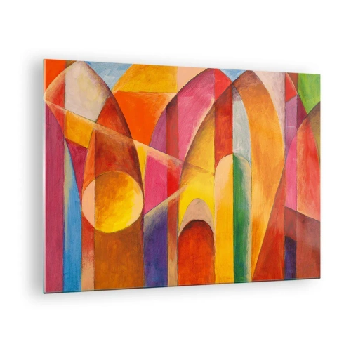 Obraz na skle - Farebná abstrakcia s geometrickými tvarmi - 70x50cm - Katedrála slnka - Moderná nástenná dekorácia do obývacej izby a spálne ARTTOR