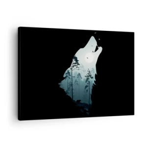 Obraz na plátne - Silueta vlka s lesom a mesiacom v pozadí - 70x50cm - Hlas lesnej noci - Moderná nástenná dekorácia do obývacej izby a spálne ARTTOR