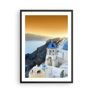 Plagát v čiernom ráme - Santorini s bielymi domami a modrými kupolami - 50x70cm - Santorini - v náruči skál - Moderná nástenná dekorácia do obývacej izby a spálne ARTTOR