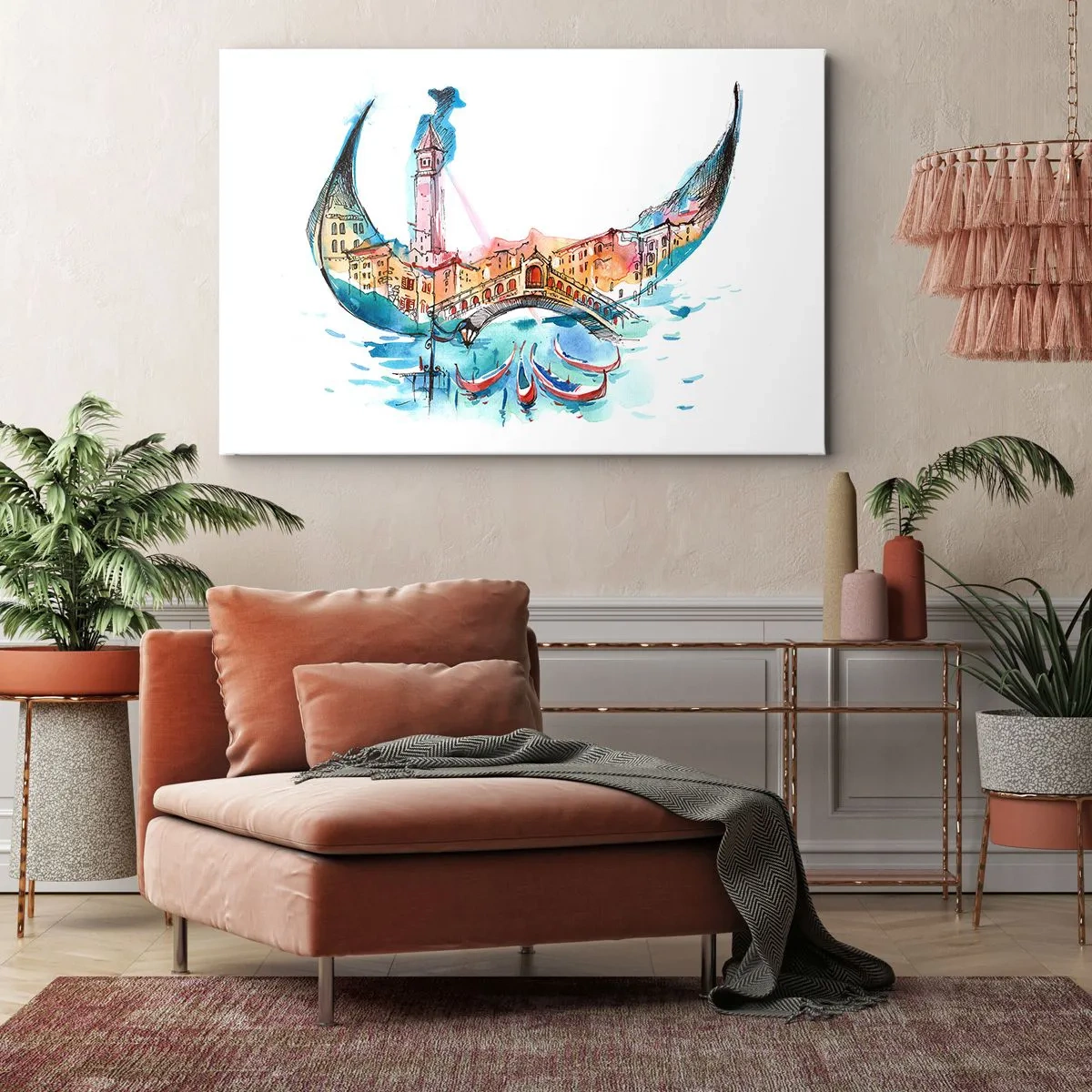 Obraz na plátne - Akvarelová kompozícia Benátok v tvare gondoly - 70x50cm - Plávame mestom - Moderná nástenná dekorácia do obývacej izby a spálne ARTTOR