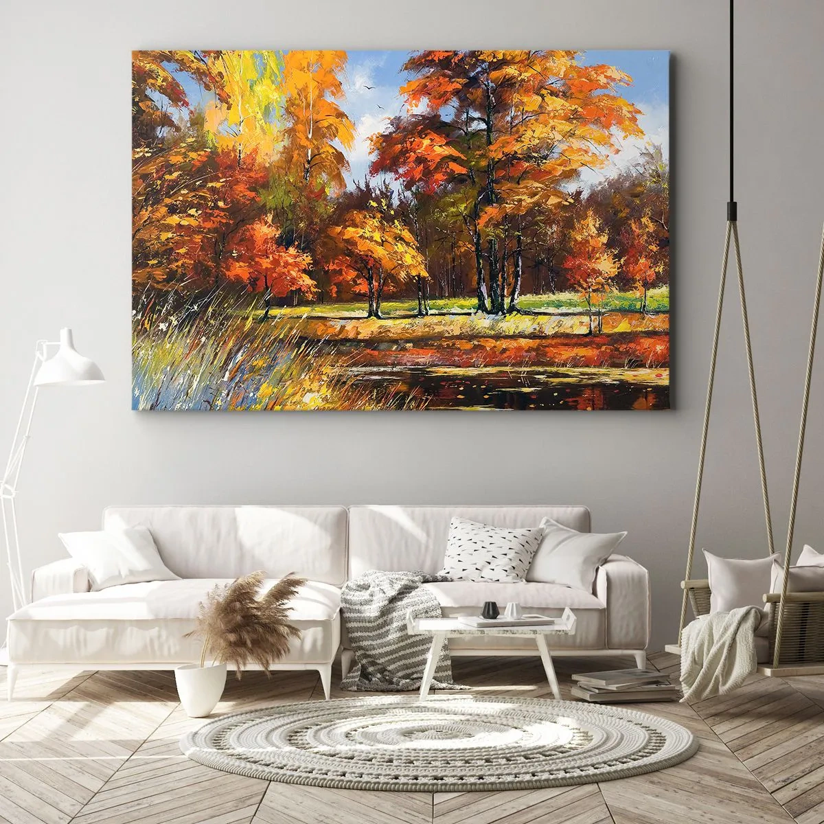 Obraz na plátne - Jesenná krajina s farebnými stromami a jazierkom - 70x50cm - Krajinka v zlatej a hnedej - Moderná nástenná dekorácia do obývacej izby a spálne ARTTOR