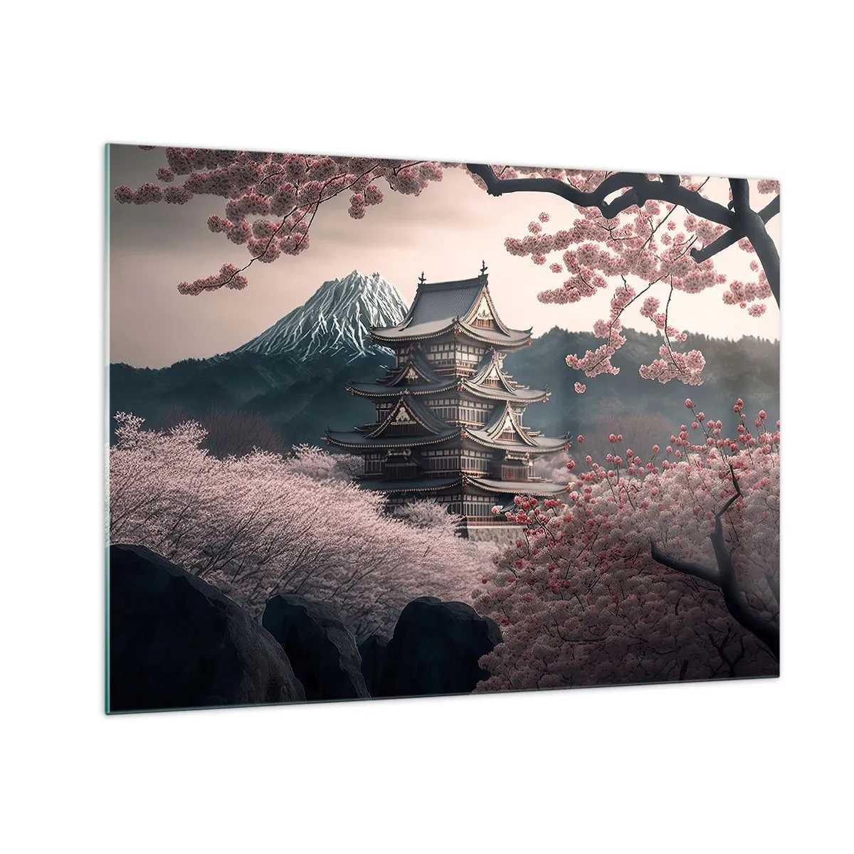 Obraz na skle - Tradičná japonská pagoda uprostred čerešňových kvetov a hôr - 70x50cm - Krajina kvitnúcich čerešní - Moderná nástenná dekorácia do obývacej izby a spálne ARTTOR