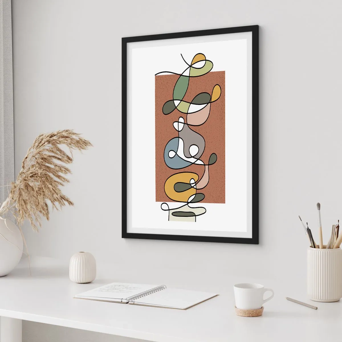 Plagát v čiernom ráme - Abstraktná kompozícia čiar a farebných tvarov. - 50x70cm - Abstrakcia, ktorá stojí za úsmev - Moderná nástenná dekorácia do obývacej izby a spálne ARTTOR