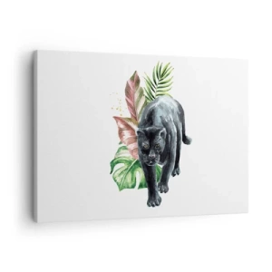 Obraz na plátne - Čierny panter obklopený tropickými listami - 70x50cm - Divokosť v srdci - Moderná nástenná dekorácia do obývacej izby a spálne ARTTOR
