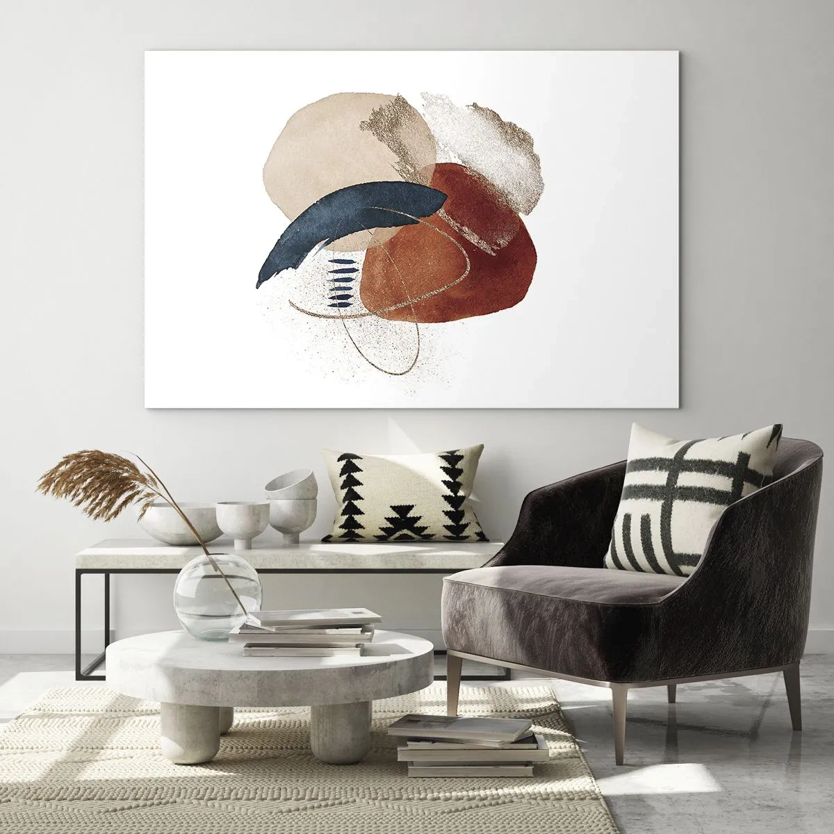 Obraz na skle - Abstraktná kompozícia v teplých odtieňoch s vodnými prvkami. - 70x50cm - Oválna kompozícia - Moderná nástenná dekorácia do obývacej izby a spálne ARTTOR