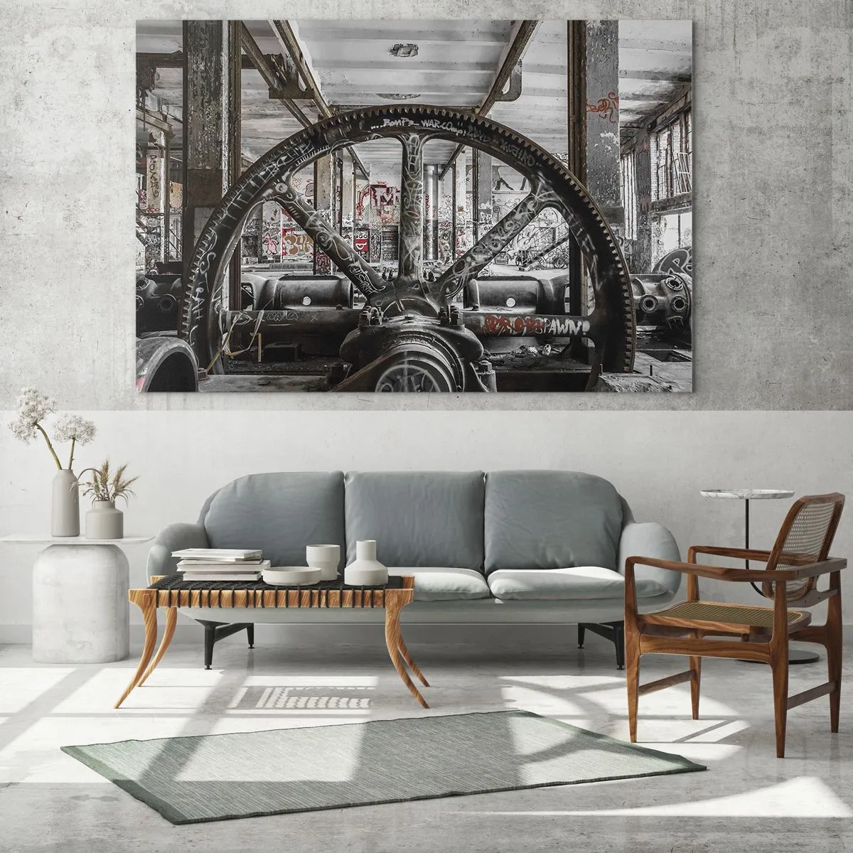 Obraz na skle - Historický industriálny interiér s ozubeným kolesom - 70x50cm - Tajný život továrne - Moderná nástenná dekorácia do obývacej izby a spálne ARTTOR